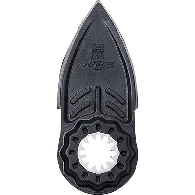 Lame de scie Starlock noire avec surface de coupe dentelée argentée en bas et forme de flèche en haut, adaptée aux outils multifonctionnels.