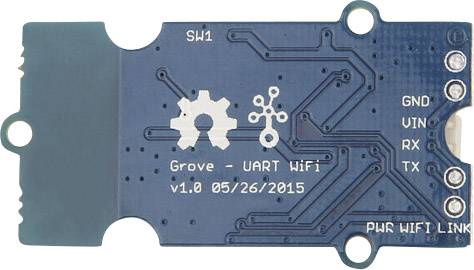 Circuit électronique portant l'inscription 'Grove - UART WiFi v1.0 05/26/2015'. Connexions : GND, VIN, RX, TX. Interrupteur SW1 en position haute.