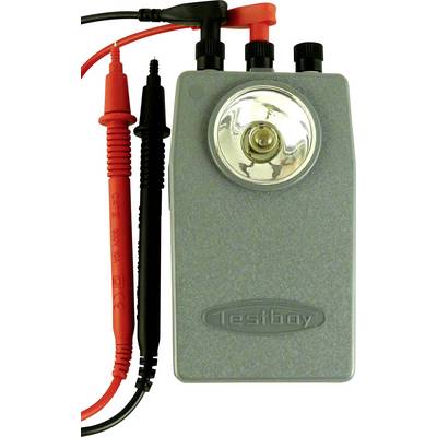Un appareil de test électrique portable gris avec des câbles de connexion et un bouton rotatif. 'Testboy' est écrit sur sa surface.
