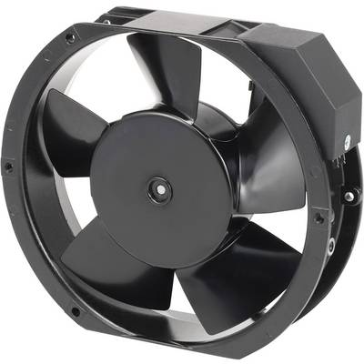 Ventilateur noir à cinq pales avec boîtier rectangulaire. Utilisé dans les systèmes de refroidissement ou de ventilation.