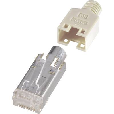 Un connecteur RJ45 en métal est posé à côté d'un boîtier en plastique beige servant de cache-câble.