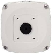 Un appareil électronique blanc, carré, avec une ouverture circulaire au centre et quatre vis aux angles.