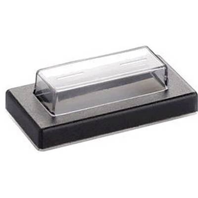 Poignée de tampon transparente en plastique sur une base rectangulaire noire.