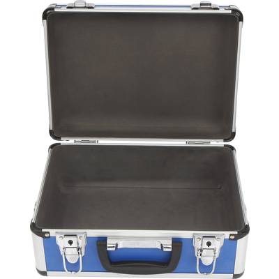 Un coffret métallique vide, ouvert, avec un intérieur noir et un extérieur bleu.