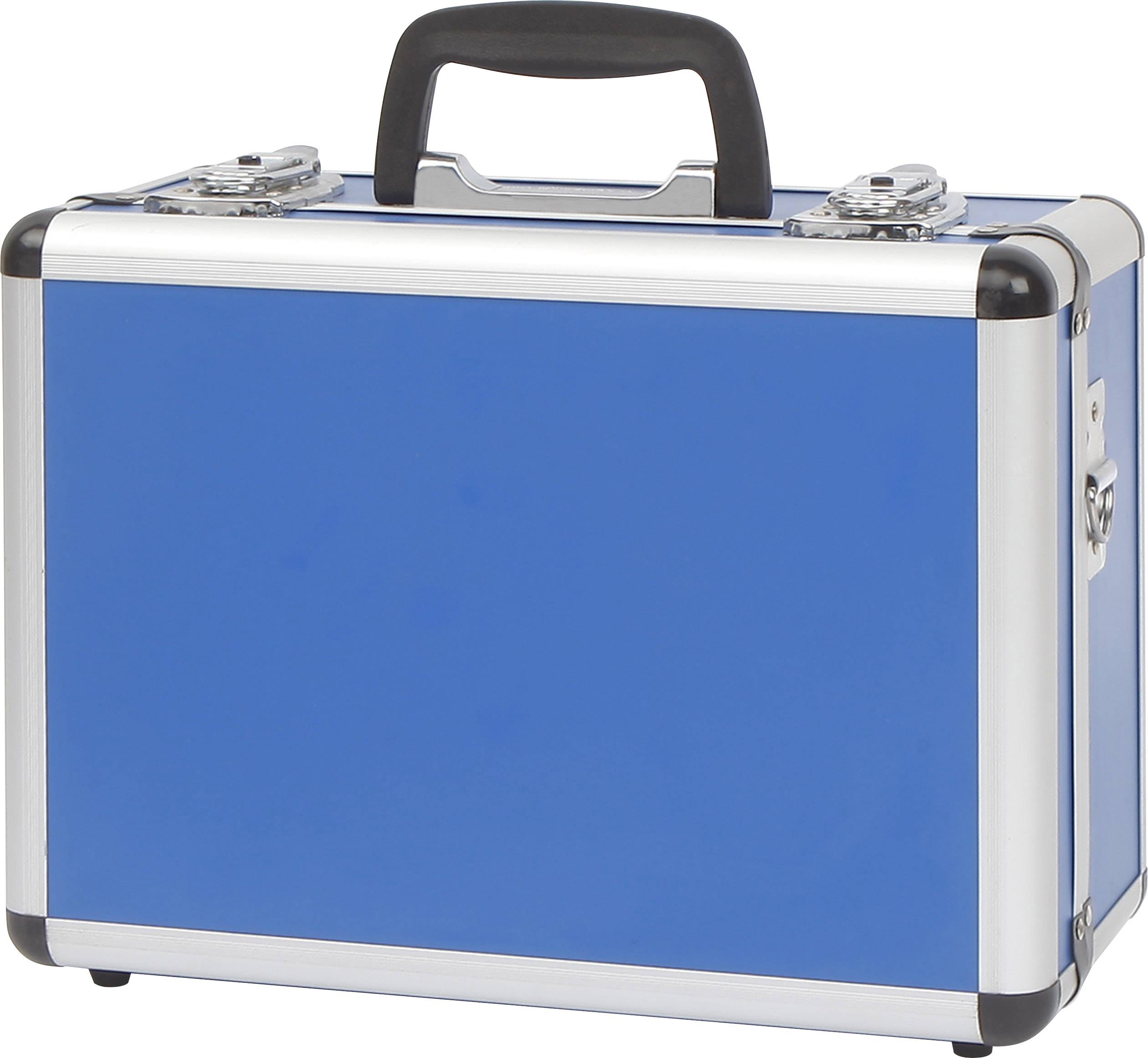 Une valise bleue, rectangulaire, avec une poignée noire et des coins argentés. La valise est robuste et équipée de fermoirs métalliques.