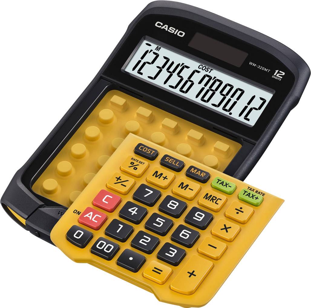 Un calculateur de poche Casio avec un bloc de touches numériques jaune affiche les chiffres '1234567890,12' sur son écran.
