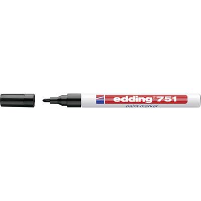 Un marqueur permanent noir Edding 751 avec le capuchon ouvert, étiquette rouge avec écriture blanche.