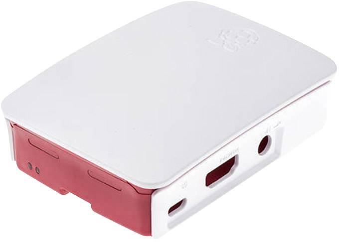 Un boîtier en plastique blanc et rouge pour un mini-ordinateur, avec des ports à l'avant et un logo en relief sur le couvercle.