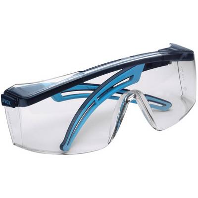 Lunettes de protection avec verre transparent et monture bleue, offrant une protection oculaire pour les applications industrielles ou artisanales.