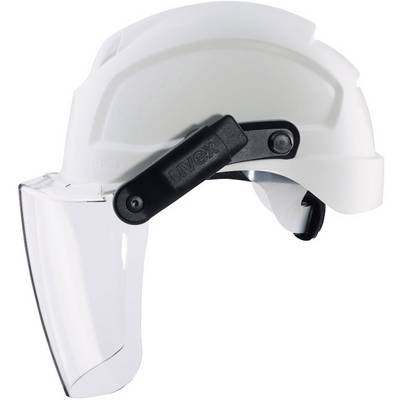 Casque de travail blanc avec visière rabattable, fermeture à rotation latérale et bandeau réglable pour un ajustement et une protection optimaux.