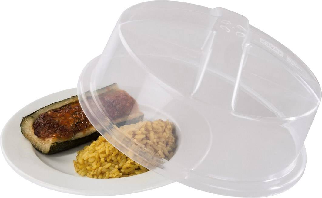 Une assiette avec une courgette farcie et du riz jaune, recouverte d'un couvercle en plastique transparent, est posée sur une table.