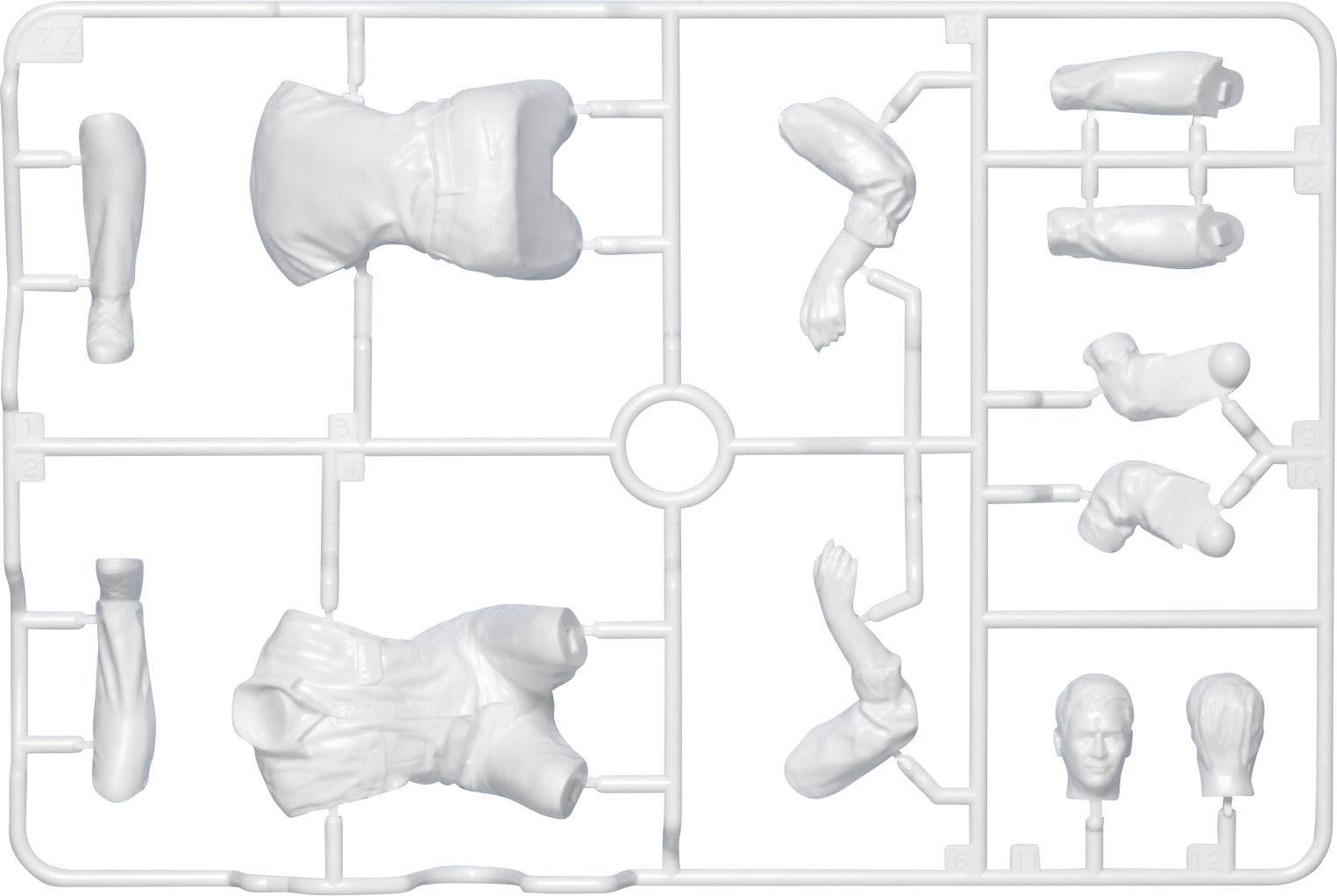Un cadre en plastique blanc contient des parties d'une figurine : tête, tronc, bras et jambes. Ces pièces sont destinées à assembler une figurine de modélisme.