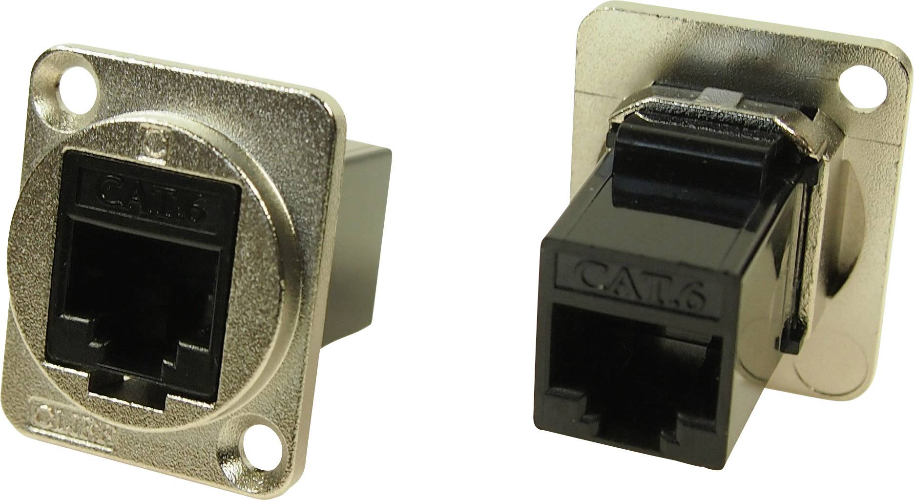 Deux prises réseau CAT6, une montée dans un cadre métallique, une libre. Utilisées pour les connexions Ethernet.