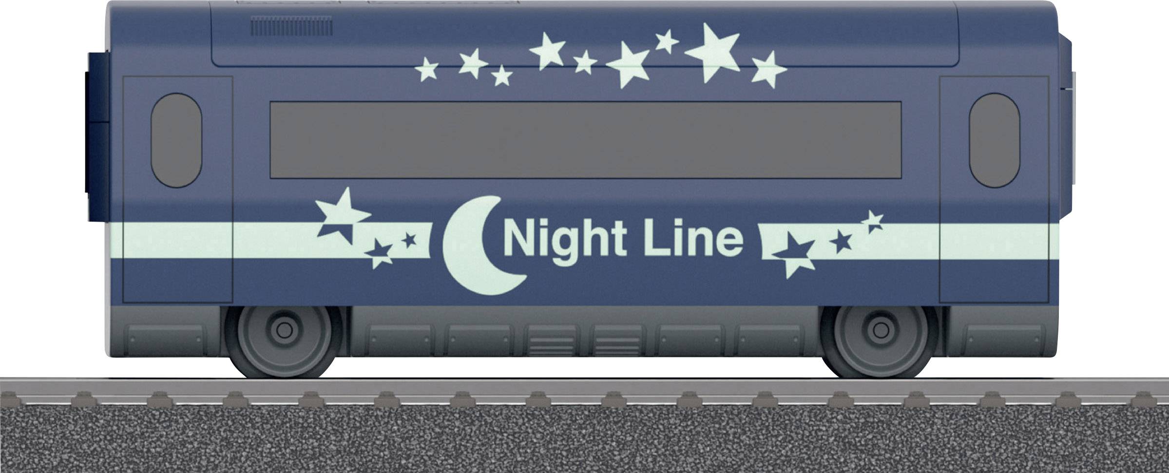 Train bleu foncé portant l'inscription « Night Line » et des motifs d'étoiles sur le côté, stationné sur une section de voie ferrée.