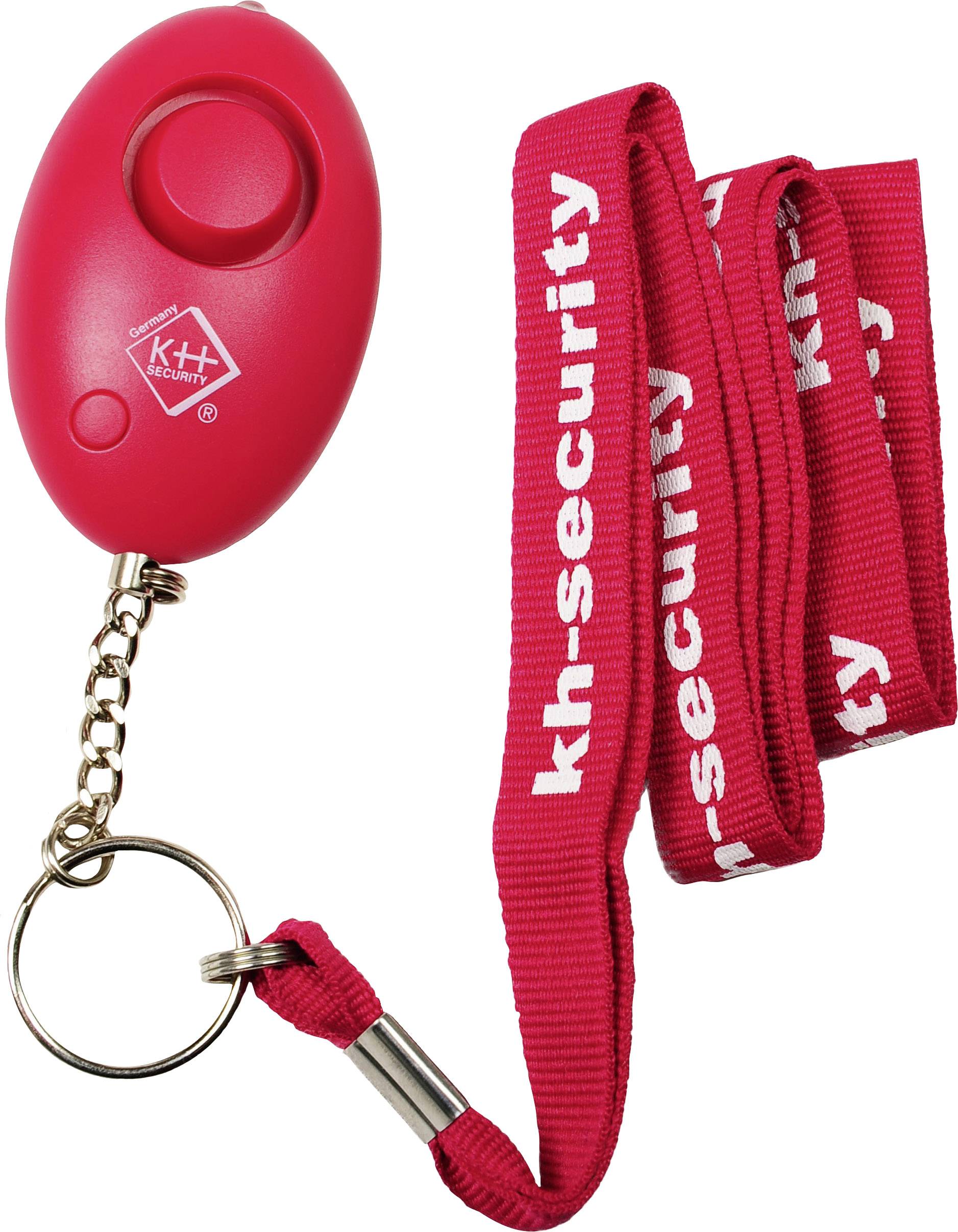Alarme personnel rouge avec dragonne et porte-clés, marqué 'kh-security'.