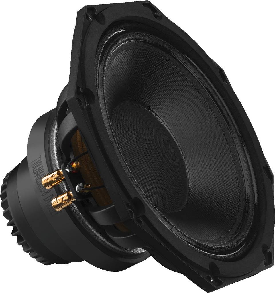 Un haut-parleur noir au design circulaire, dont la membrane et les connexions sont visibles. Aucun détail technique n'est discernable.