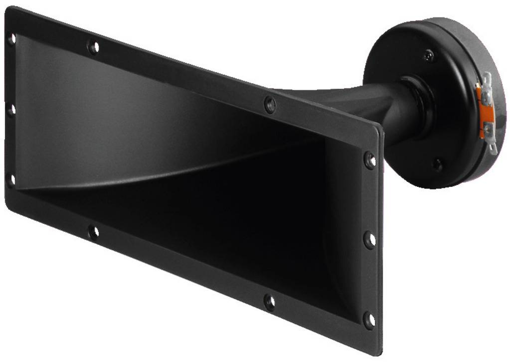 Un haut-parleur à pavillon noir avec une ouverture rectangulaire et un col rond. Utilisé pour l'amplification et la distribution du son.