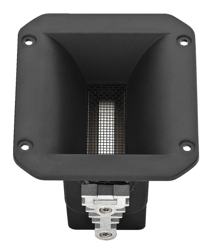 Haut-parleur noir rectangulaire avec une grille centrale, entouré de quatre trous de fixation.