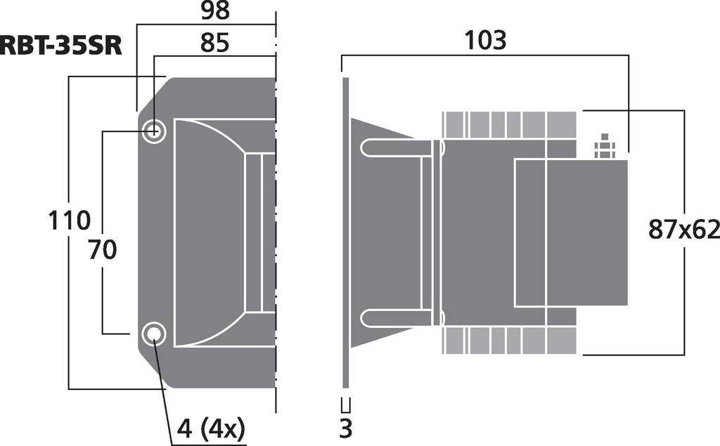 Dessin technique d'un dispositif rectangulaire avec les dimensions : 98x110x70 mm et 103x87x62 mm. Points de fixation marqués.