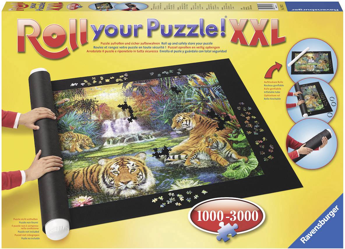 Emballage d'un tapis de rangement pour puzzle, montrant un puzzle avec un motif de tigre enroulé, adapté pour des puzzles de 1000 à 3000 pièces.