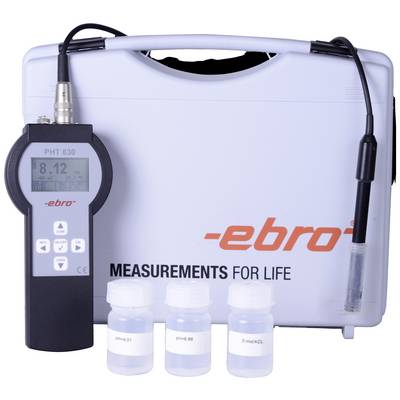 Un appareil de mesure de pH portable avec affichage, trois solutions de calibrage et un capteur. Boîte de rangement avec logo et slogan en arrière-plan.