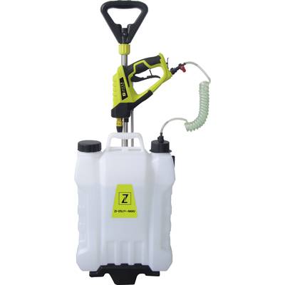 Un pulvérisateur portable à batterie avec un réservoir blanc et un pistolet de pulvérisation vert, idéal pour les travaux de jardinage.