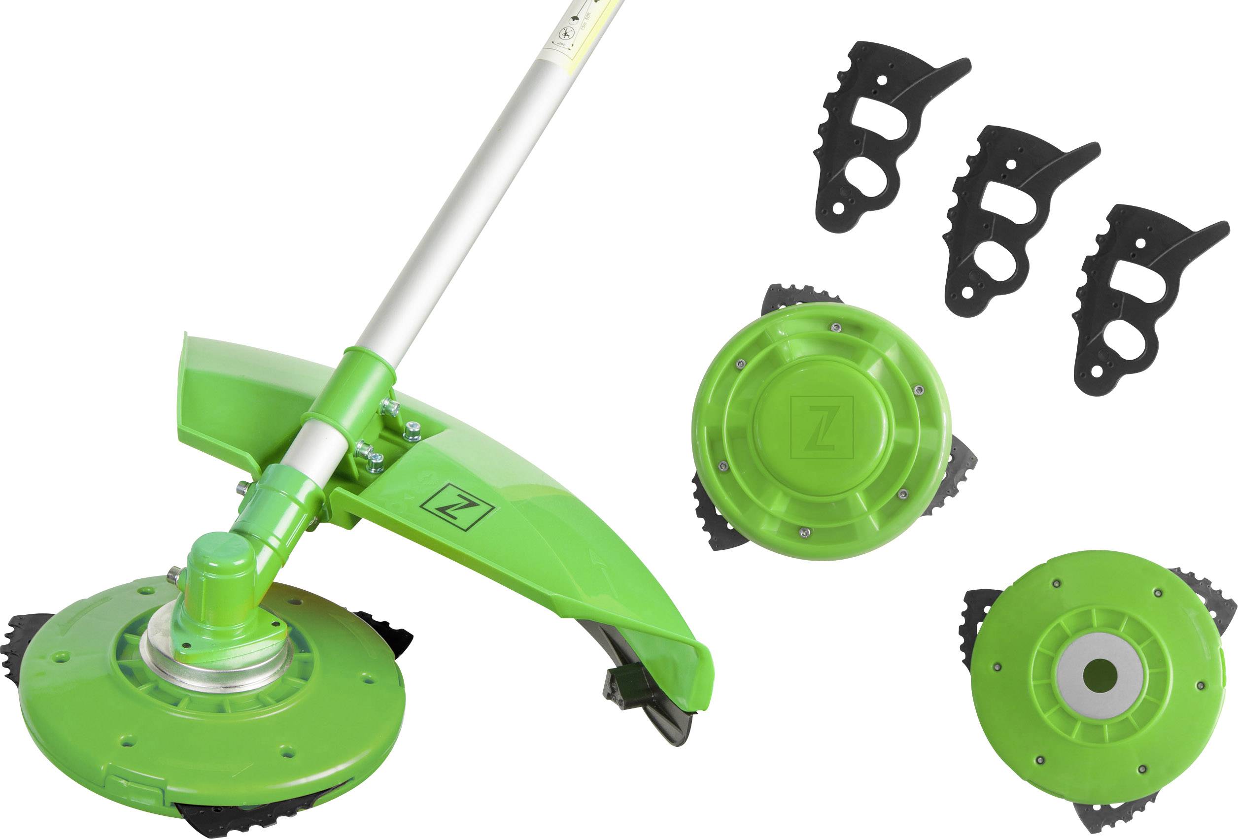 Tondeuse électrique avec deux disques de coupe verts et trois supports de lames noirs. Adaptée à l'entretien des jardins.