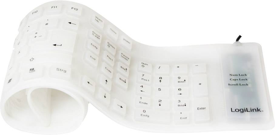 Clavier en silicone blanc enroulable, idéal pour les déplacements. Comprend des touches standard ainsi qu'un pavé numérique, portant la marque 'LogiLink'.