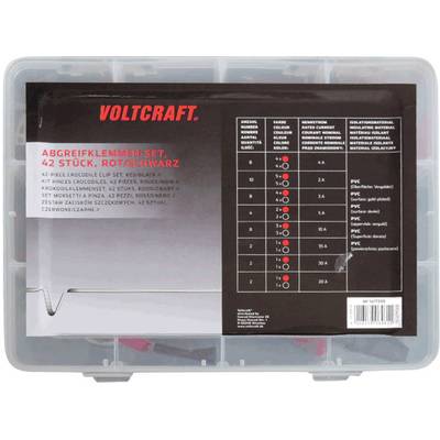Ensemble de pinces de test Voltcraft, 42 pièces, rouge/noir, dans un boîtier en plastique transparent. Contient des détails techniques et des spécifications.