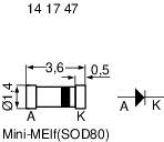 Diode Mini-MELF (SOD80) : Schéma avec dimensions, diamètre 1,4 mm, longueur 3,6 mm, connexions A et K (anode et cathode), type de boîtier représenté.