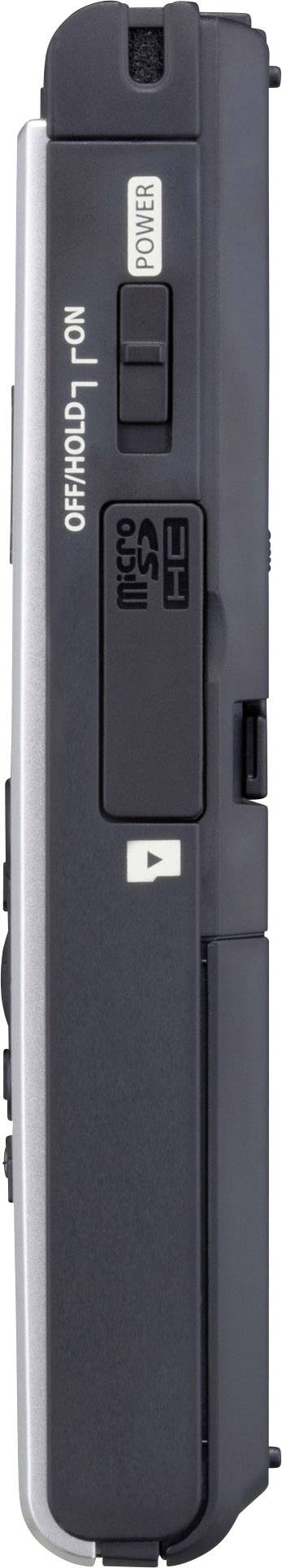 Vue latérale d'un dictaphone numérique avec emplacement pour carte SD et touches de commande.