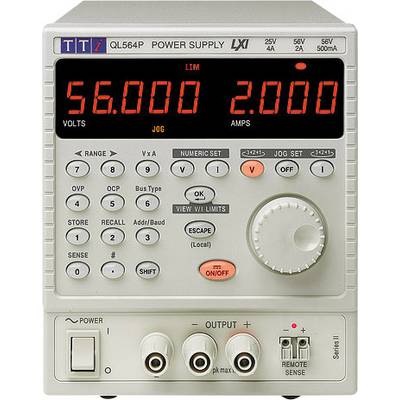 Un bloc d'alimentation électronique de laboratoire avec plusieurs touches et affichages. Indique '56,000 V' et '2,000 A'. Comprend des connexions pour la tension et le courant.
