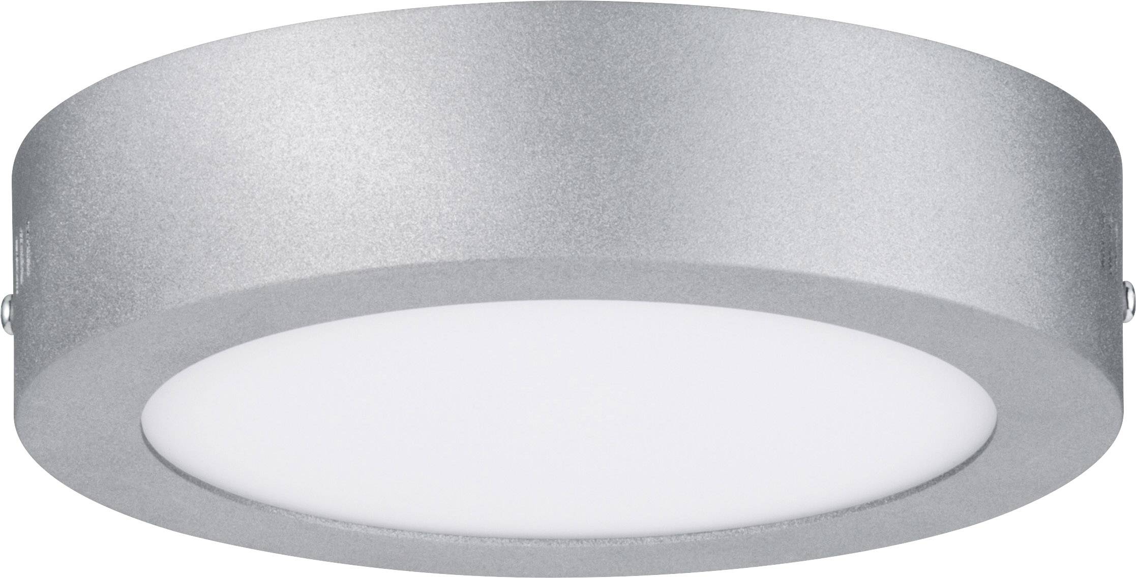 Plafonnier LED rond argenté à profil plat, au design épuré et à émission lumineuse uniforme.