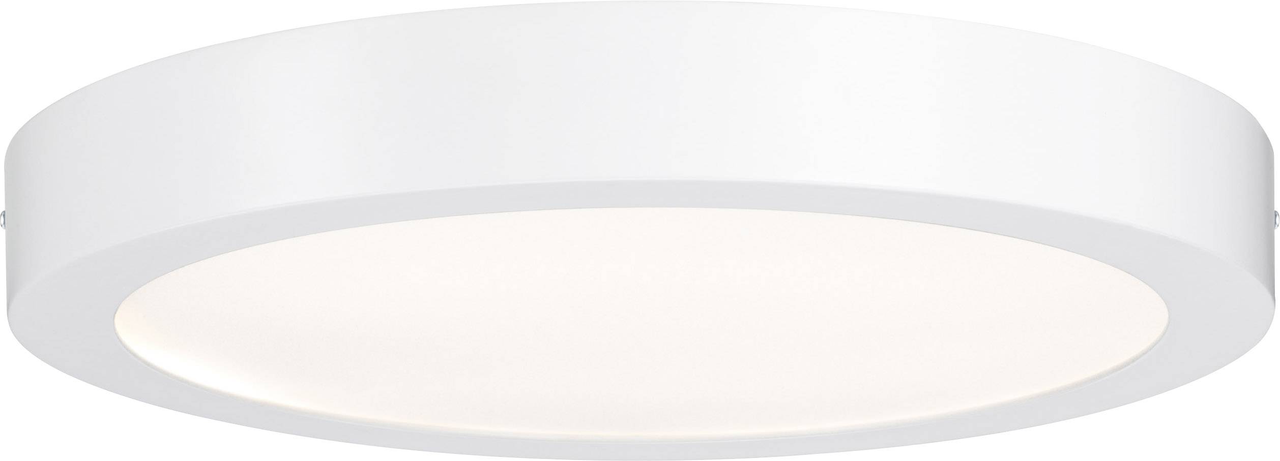 Une lampe de plafond ronde, blanche, au design minimaliste et à diffuseur, permettant une répartition uniforme de la lumière.