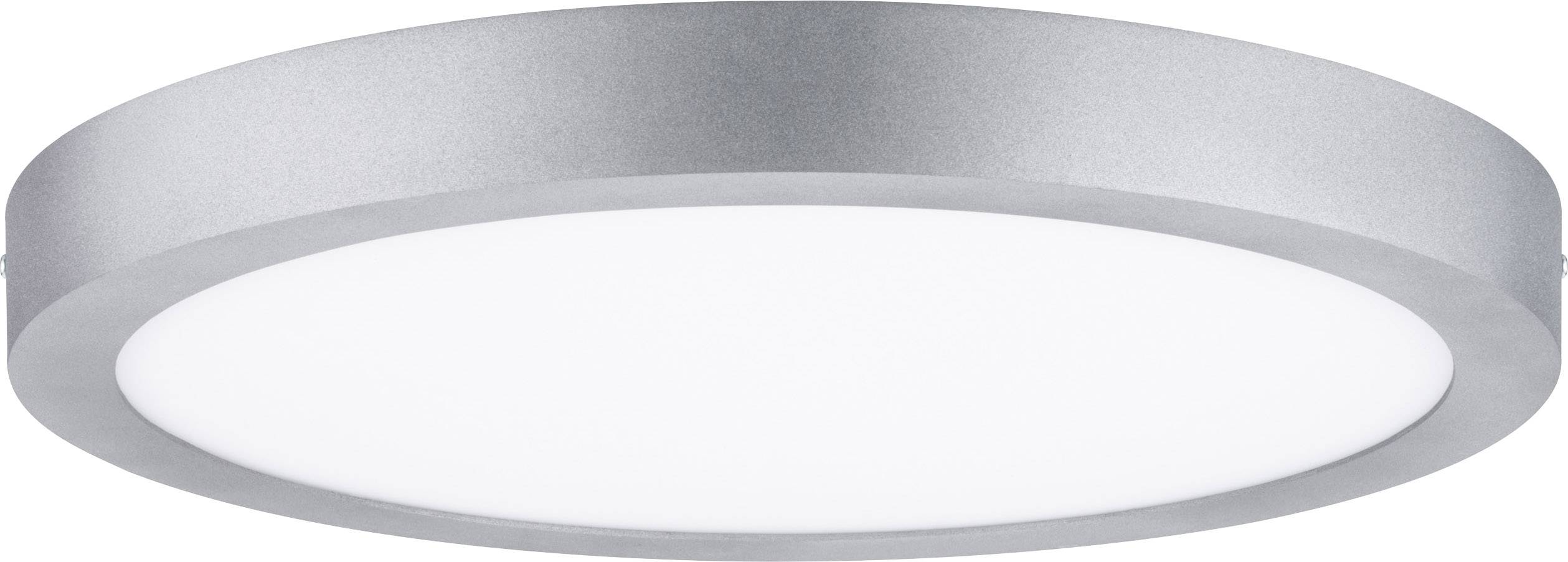 Plafonnier LED rond en argent avec diffuseur blanc mat.