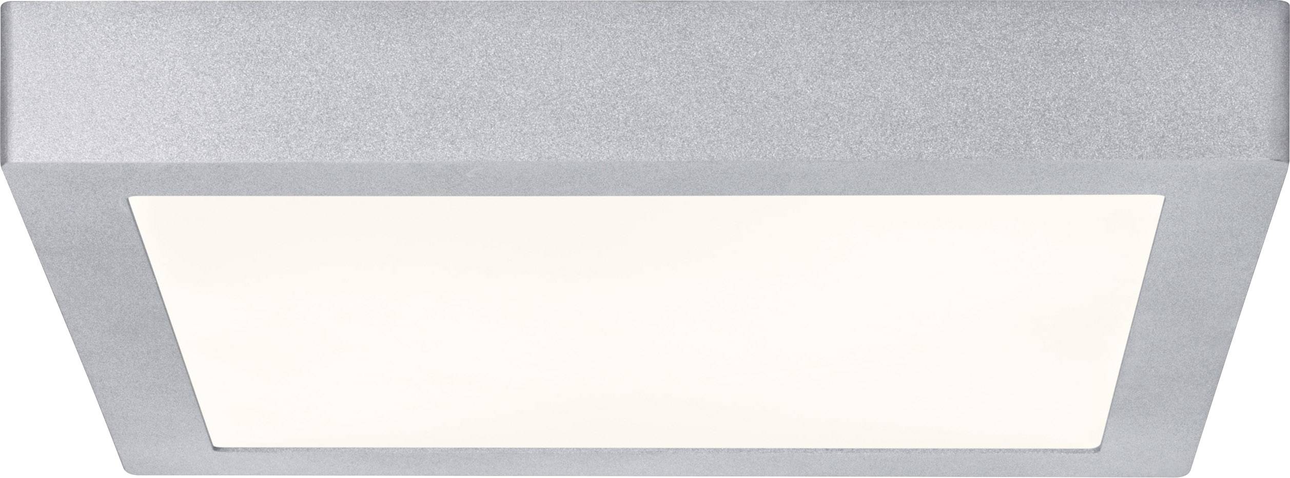 Plafonnier carré en argent à finition mate avec éclairage diffus blanc. Idéal pour les intérieurs modernes.