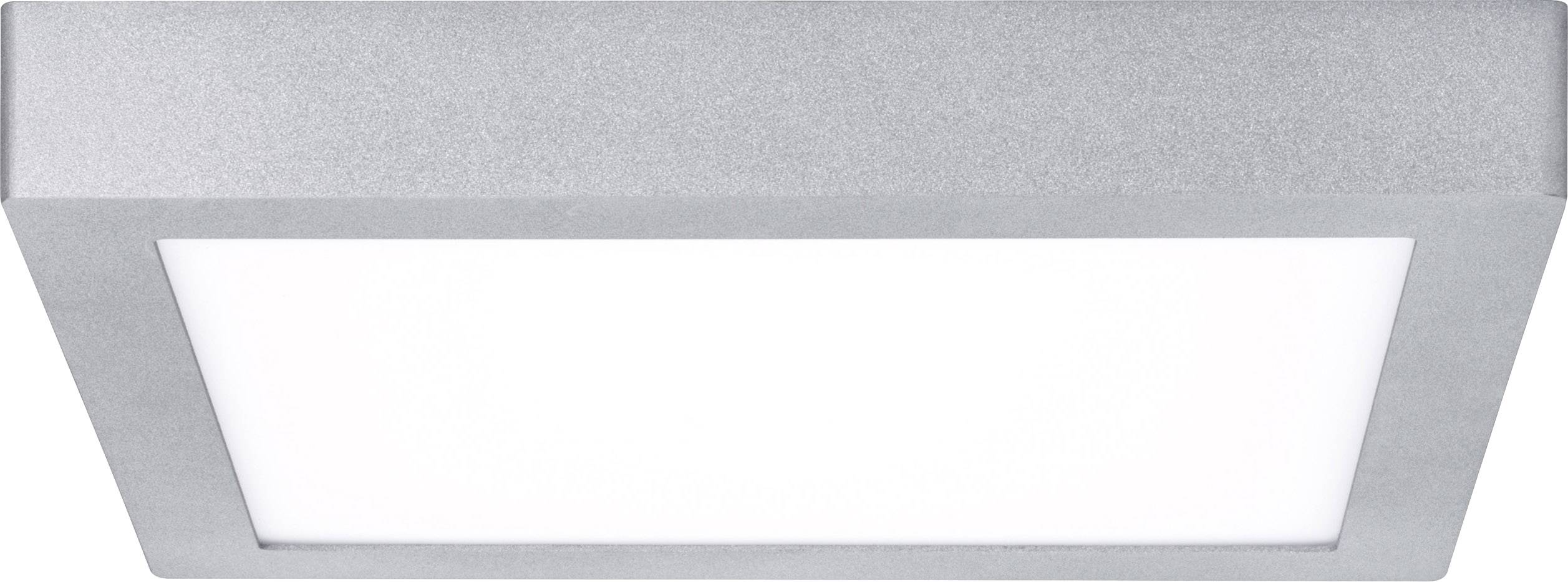 Un luminaire de plafond carré en argent avec une zone blanche lumineuse au centre.