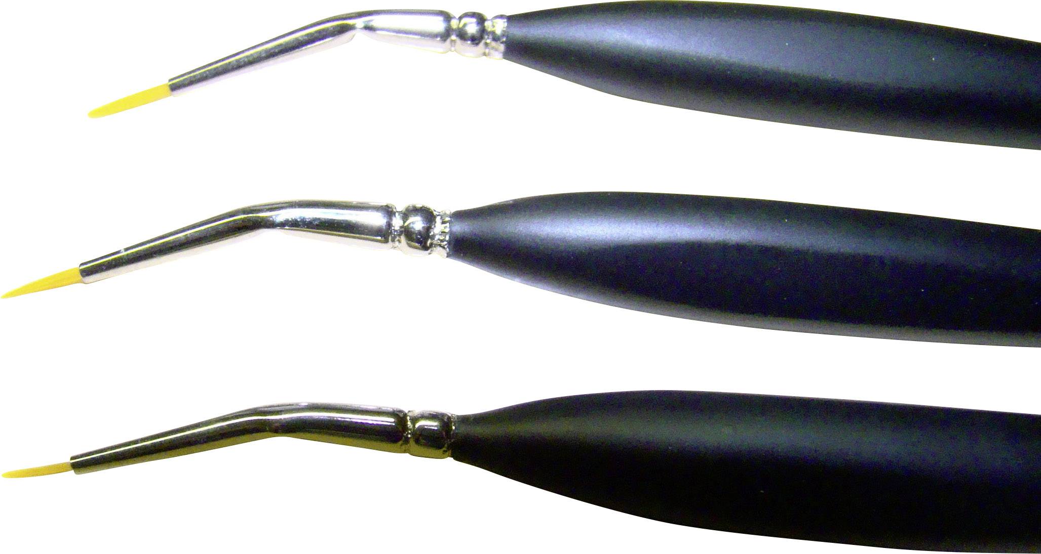 'Trois pinceaux de nail art noirs et courbés avec des poils fins de couleur jaune, disposés en ligne.'