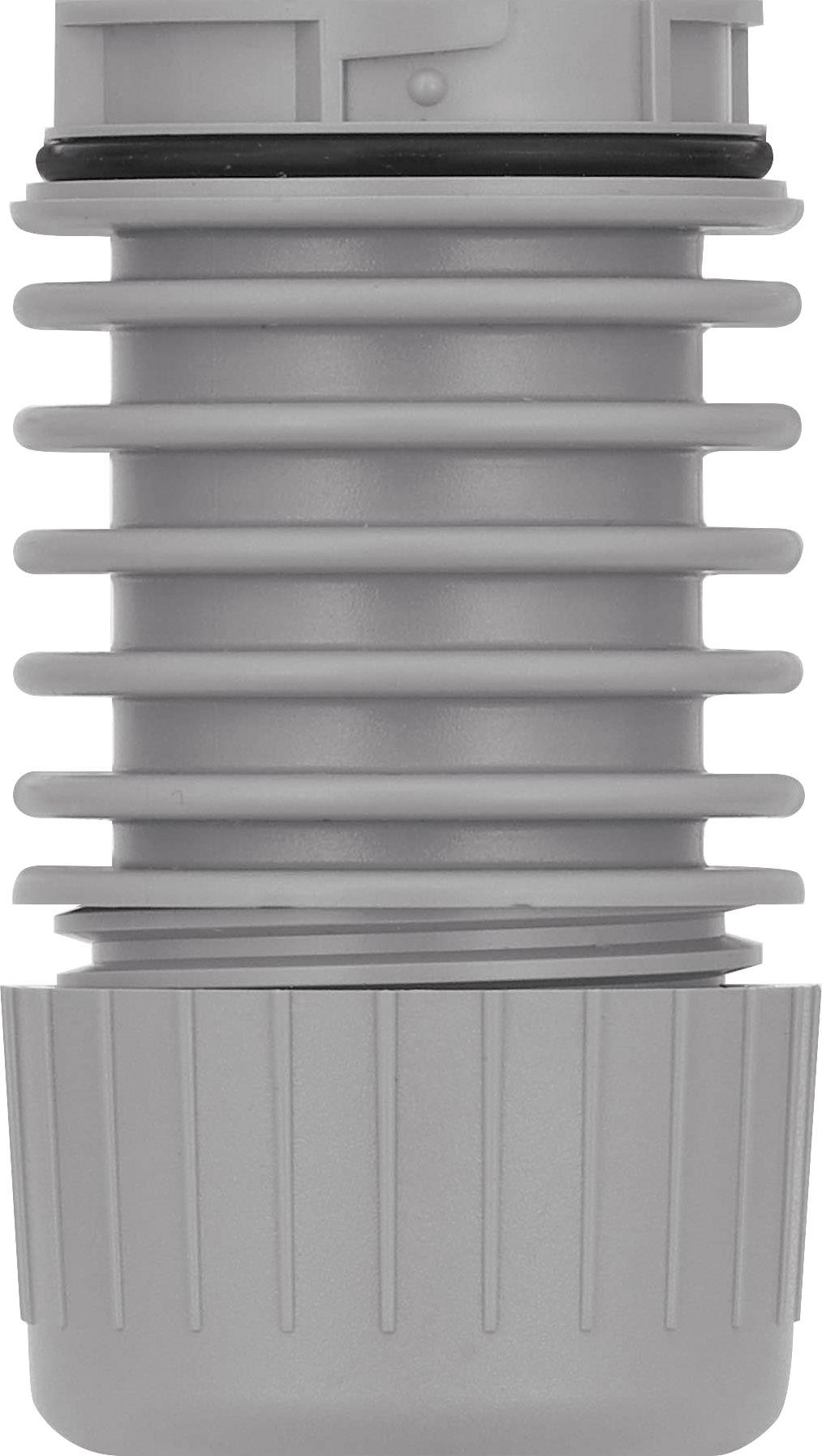 Pièce cylindrique grise en plastique à structure cannelée, probablement un élément de connexion flexible ou un manchon.