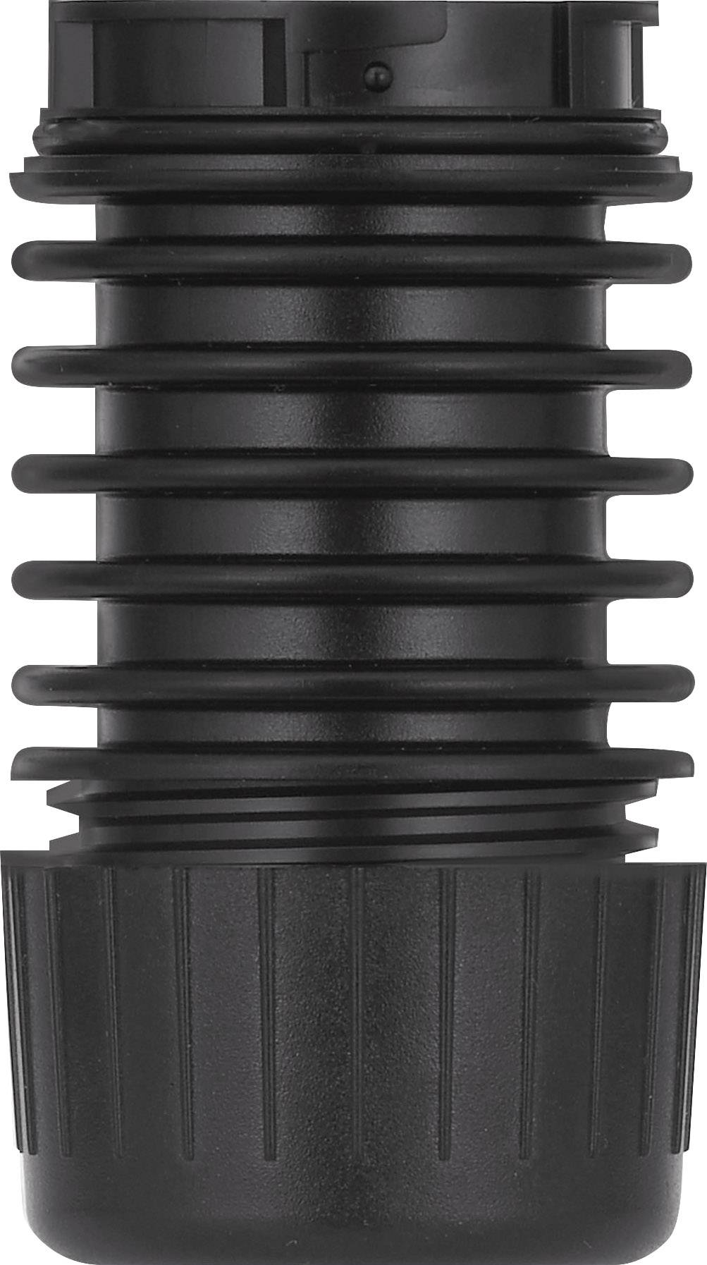 Pièce en plastique noir avec un design cylindrique rainuré, probablement un élément de connexion ou un adaptateur pour des applications techniques.