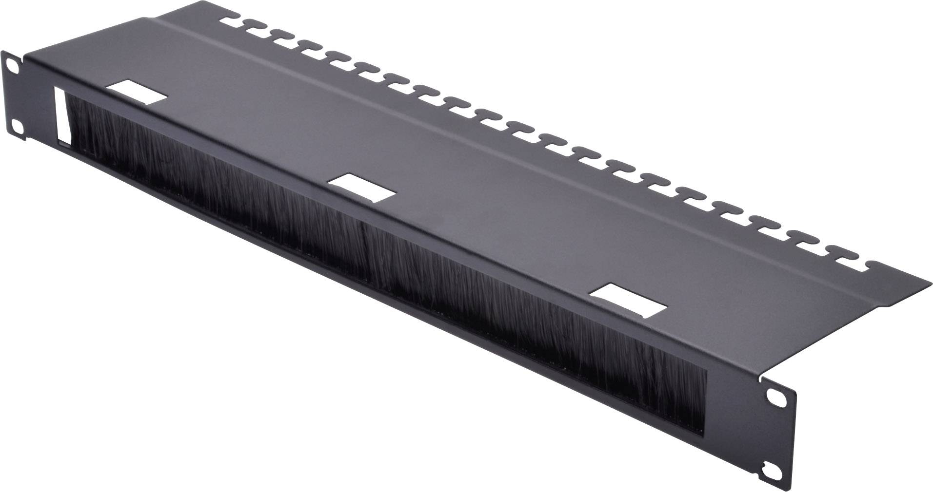 Un guide-câbles noir pour racks serveur, équipé de brosses et offrant plusieurs passages de câbles, conçu pour une gestion organisée des câbles.