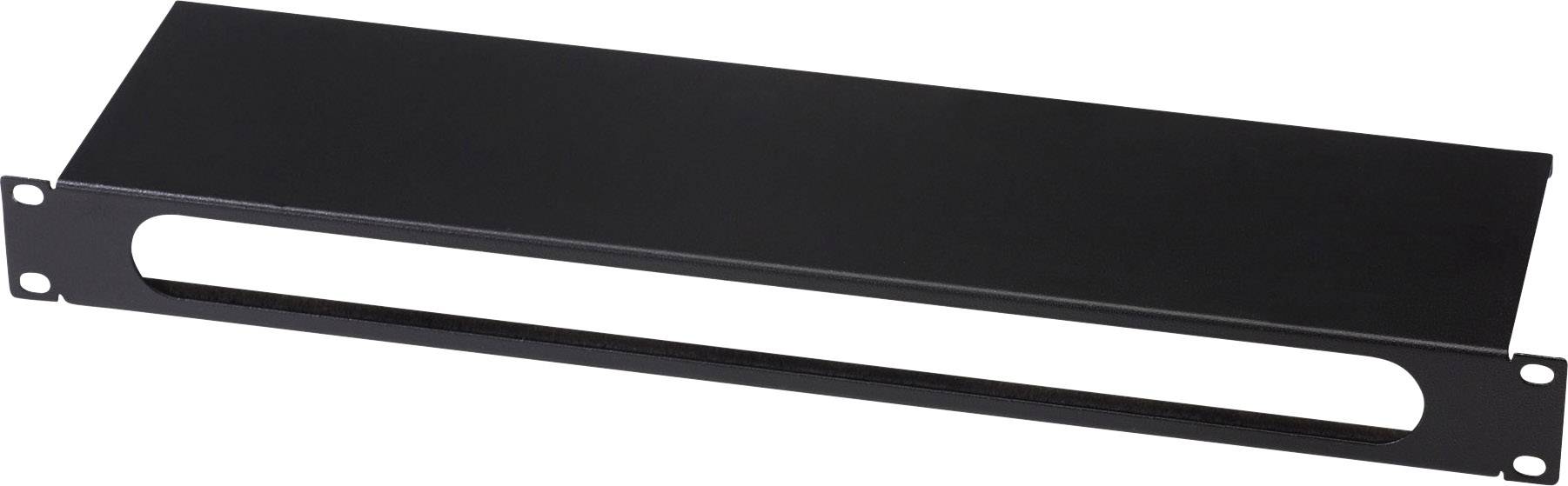 Panneau aveugle noir de 1U pour rack avec fente de ventilation ovale, conçu pour une utilisation dans les baies informatiques et destiné à améliorer la circulation de l'air.