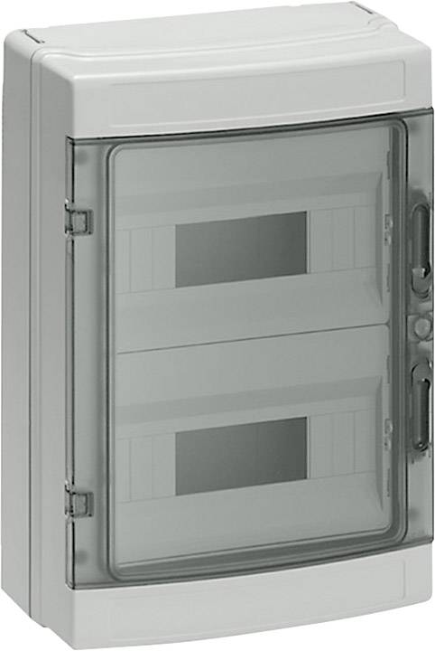 Boîtier de distribution gris avec couvercle transparent et deux rangées horizontales pour appareils électriques, adaptable sur surfaces murales.