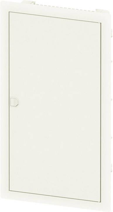Porte d'armoire blanche rectangulaire, avec une poignée étroite, fermée.