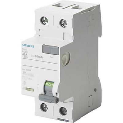 'Interrupteur différentiel SIEMENS 5SV3, 40A, Type A, Courant de déclenchement 30mA, 2 pôles, 230V.'