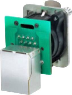 Un dispositif électronique avec un circuit imprimé vert, un boîtier noir et un connecteur métallique ; probablement un capteur ou un module.