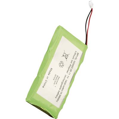 Une batterie lithium-ion avec un boîtier vert, l'étiquette décrivant les spécifications : 7,4V, 1800mAh. Marquage « Made in China ». Deux câbles de connexion en haut.