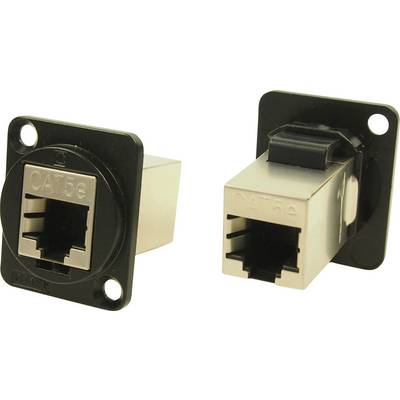 Deux prises réseau CAT5e dans un boîtier noir, adaptées à une installation murale ou sur appareil, présentant des connexions pour la transmission de données.