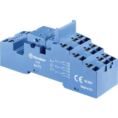 Un socle électrique bleu de Finder, type 94.P3, avec marquage CE. Les bornes de connexion sont visibles. 'Made in EU' est imprimé dessus.