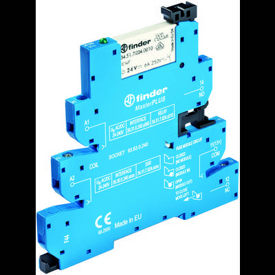 Module relais Finder Bleu, Modèle 93.6.0.240, avec spécifications techniques, marquage CE et étiquette de fabrication UE.